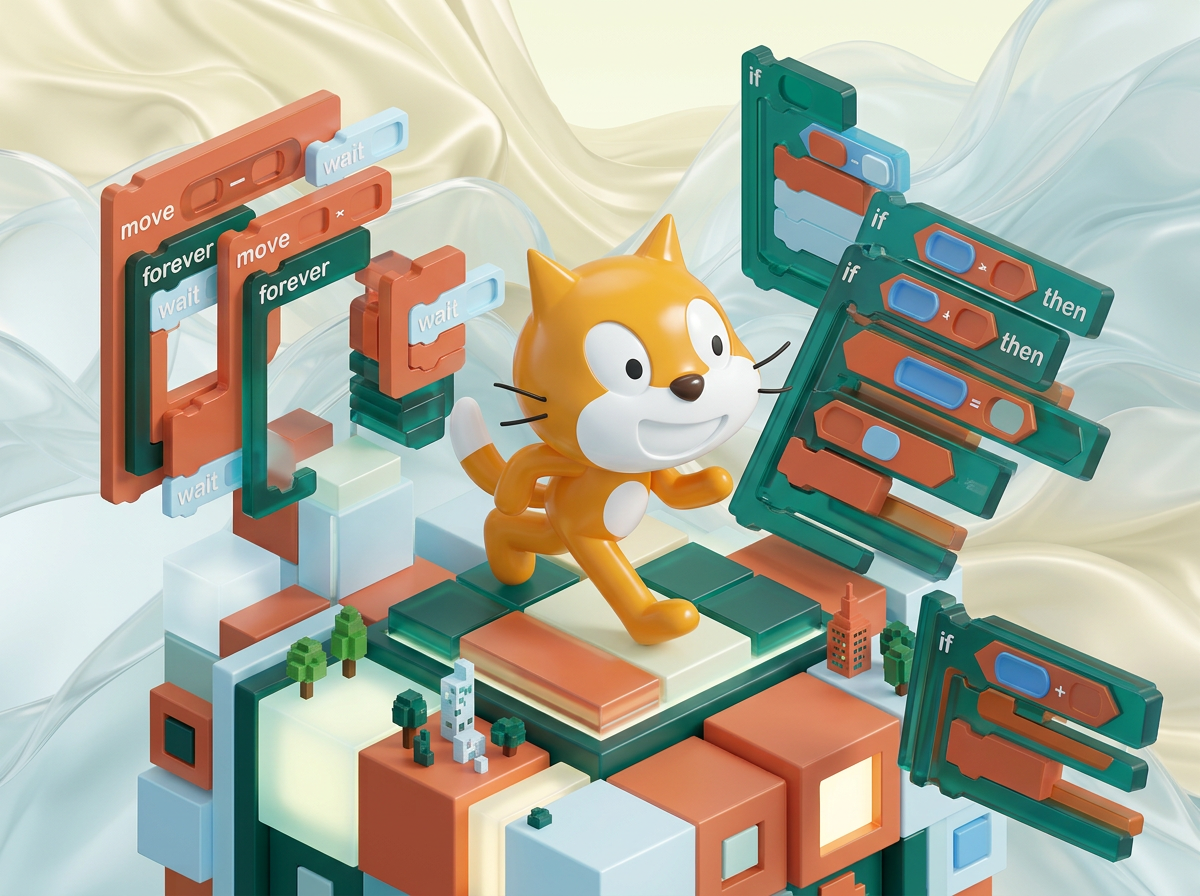 на этом фоне создай 3д фигурки на тему Блок-Сити: игры на Scratch. Фон менять нельзя.  Фигурки должны быть достаточно большими. Используй цвета EE6C4D 01524B D5F4FF 

сделай модельки динамичными. Не делай никаких надписей. Все фигурки в стиле 3д рендера

ПО центру должна быть основная моделька. ПО бокам фигурки для придания динамики.

По центру поставь кота из скретч (оригинального, в оригинальных цветах) в 3д. По бокам - элементы блочного кода их скрэтч