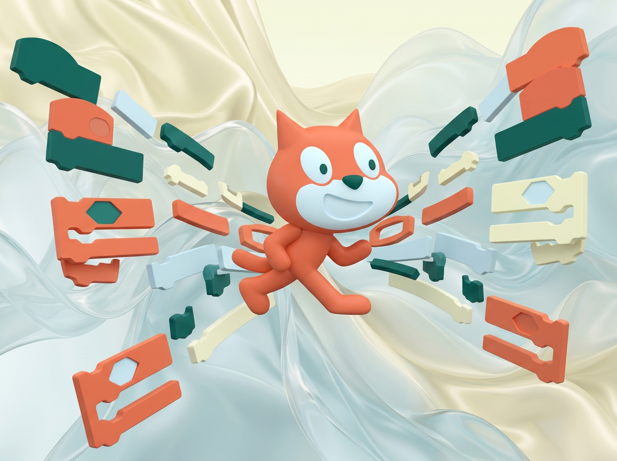 AI Design for на этом фоне создай 3д фигурки на тему блочное программирование в Scratch.  ФОН МЕНЯТЬ НЕЛЬЗЯ!!! Фигурки должны быть достаточно большими. Используй цвета EE6C4D 01524B D5F4FF FAFFDB

сделай модельки динамичными. Не делай никаких надписей

Основная фигурка должна быть по центру. Вокруг нее элементы для придания динамики.  

По центру расположи 3д фигурку кота из скрэтч, по бокам - блоки кода, как в скрэтче (как на картинке 2)