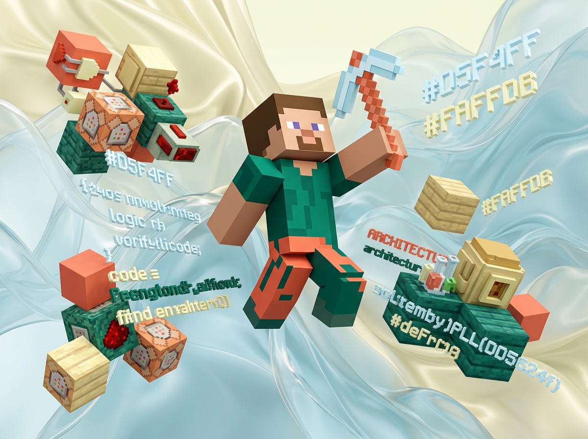 AI Design for на этом фоне создай 3д фигурки на тему Minecraft Education. Фон менять нельзя.  Фигурки должны быть достаточно большими. Используй цвета EE6C4D 01524B D5F4FF FAFFDB

сделай модельки динамичными. Не делай никаких надписей. Все фигурки в стиле 3д рендера

ПО центру должна быть основная моделька. ПО бокам фигурки для придания динамики.

ПО центру поставь стива из майнкрафт с киркой в руке. по бокам - блоки из мана и строки кода