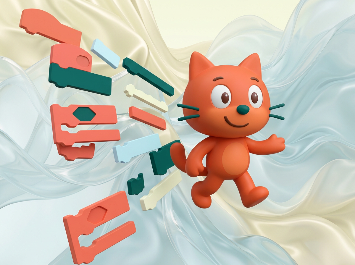 AI Design for на этом фоне создай 3д фигурки на тему блочное программирование в Scratch.  ФОН МЕНЯТЬ НЕЛЬЗЯ!!! Фигурки должны быть достаточно большими. Используй цвета EE6C4D 01524B D5F4FF FAFFDB

сделай модельки динамичными. Не делай никаких надписей

Основная фигурка должна быть по центру. Вокруг нее элементы для придания динамики.  

По центру расположи 3д фигурку кота из скрэтч (как на картинке 2), по бокам - блоки кода, как в скрэтче (как на картинке 3)