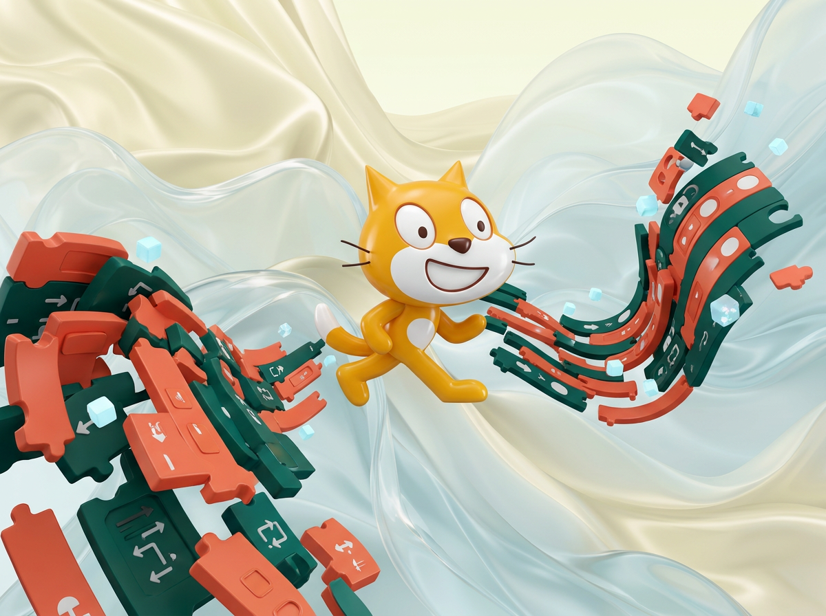на этом фоне создай 3д фигурки на тему Блок-Сити: игры на Scratch. Фон менять нельзя.  Фигурки должны быть достаточно большими. Используй цвета EE6C4D 01524B D5F4FF 

сделай модельки динамичными. Не делай никаких надписей. Все фигурки в стиле 3д рендера

ПО центру должна быть основная моделька. ПО бокам фигурки для придания динамики.

По центру поставь кота из скретч (оригинального, в оригинальных цветах) в 3д. По бокам - элементы блочного кода их скрэтч