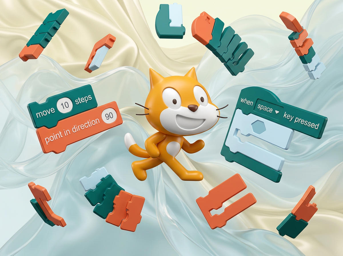 на этом фоне создай 3д фигурки на тему Блок-Сити: игры на Scratch. Фон менять нельзя. Фигурки должны быть достаточно большими. Используй цвета EE6C4D 01524B D5F4FF
сделай модельки динамичными. Не делай никаких надписей. Все фигурки в стиле 3д рендера
ПО центру должна быть основная моделька. ПО бокам фигурки для придания динамики.
По центру поставь кота из скретч (оригинального, в оригинальных цветах) в 3д. По бокам - элементы блочного кода их скрэтч