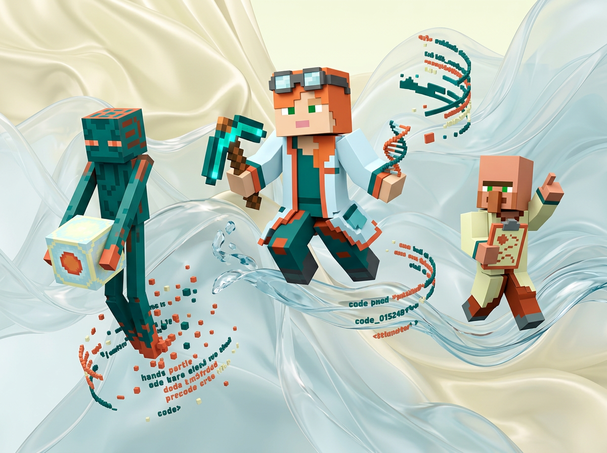 AI Design for на этом фоне создай 3д фигурки на тему Minecraft Education. Фон менять нельзя.  Фигурки должны быть достаточно большими. Используй цвета EE6C4D 01524B D5F4FF FAFFDB

сделай модельки динамичными. Не делай никаких надписей. Все фигурки в стиле 3д рендера

ПО центру должна быть основная моделька. ПО бокам фигурки для придания динамики.