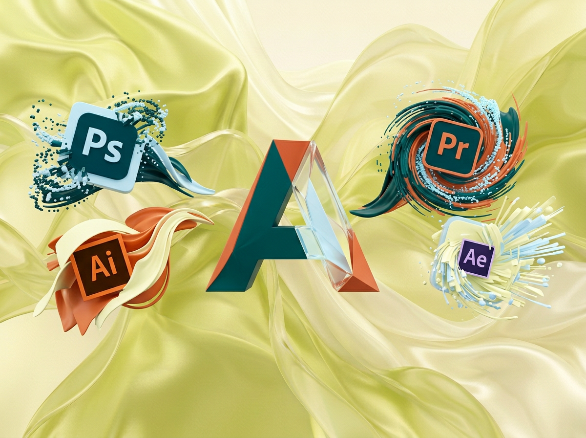 AI Design for на этом фоне создай 3д фигурки на тему Цифровая вселенная Adobe. Фон менять нельзя. Фигурки должны быть достаточно большими. Используй цвета EE6C4D 01524B D5F4FF FAFFDB
сделай модельки динамичными. Не делай никаких надписей. Все фигурки в стиле 3д рендера
ПО центру должна быть основная моделька. ПО бокам фигурки для придания динамики.
по середие логотип адоб, по бокам - значки приложений