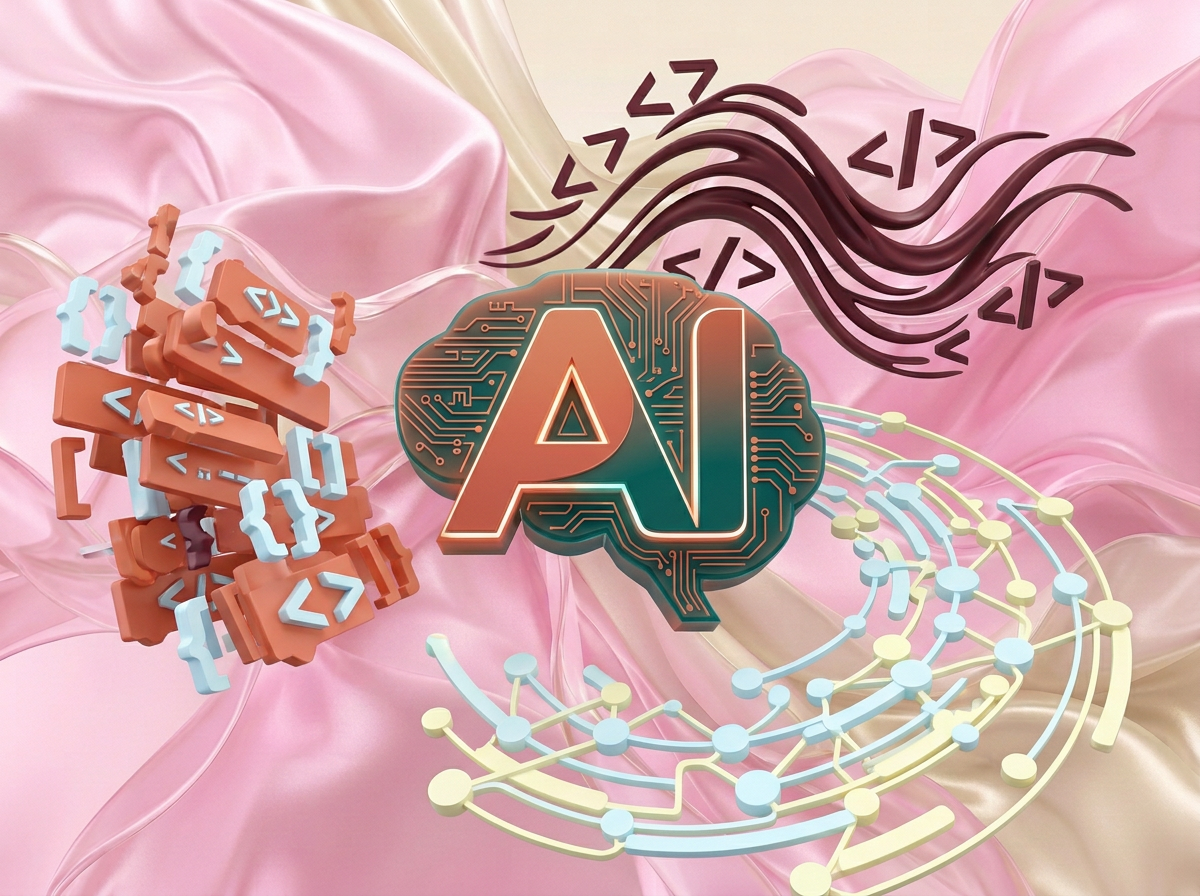 AI Design for на этом фоне создай 3д фигурки на тему Vibe Coding: AI & Python. Фон менять нельзя. Фигурки должны быть достаточно большими. Используй цвета EE6C4D 01524B D5F4FF FAFFDB 5D2334
сделай модельки динамичными. Не делай никаких надписей. Все фигурки в стиле 3д рендера
ПО центру должна быть основная моделька. ПО бокам фигурки для придания динамики.
по центру поставь логотип AI