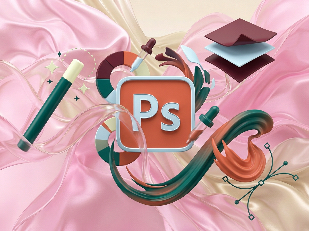 AI Design for на этом фоне создай 3д фигурки на тему Photoshop. Фон менять нельзя.  Фигурки должны быть достаточно большими. Используй цвета EE6C4D 01524B D5F4FF FAFFDB 5D2334

сделай модельки динамичными. Не делай никаких надписей. Все фигурки в стиле 3д рендера

ПО центру должна быть основная моделька. ПО бокам фигурки для придания динамики.

ПО центру поставь логотип Photoshop .