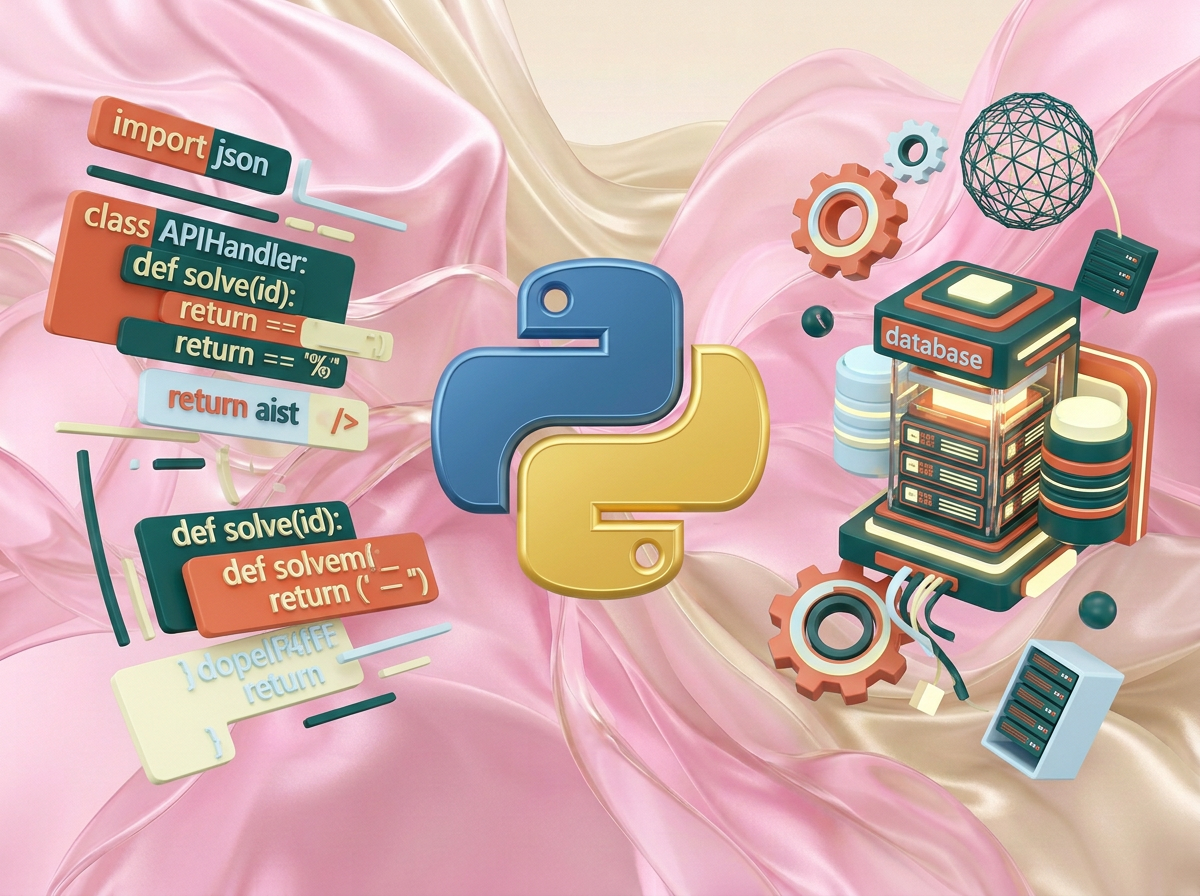 на этом фоне создай 3д фигурки на тему Backend-мастер: Python. Фон менять нельзя.  Фигурки должны быть достаточно большими. Используй цвета EE6C4D 01524B D5F4FF FAFFDB

сделай модельки динамичными. Не делай никаких надписей. Все фигурки в стиле 3д рендера

ПО центру должна быть основная моделька. ПО бокам фигурки для придания динамики.

по центру логотип питона В ОРИГИНАЛЬНЫХ ЦВЕТАХ. по бокам - строки кода, бд