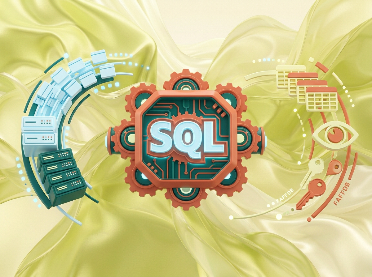AI Design for на этом фоне создай 3д фигурки на базы данных SQL Фон менять нельзя. Фигурки должны быть достаточно большими. Используй цвета EE6C4D 01524B D5F4FF FAFFDB
сделай модельки динамичными. Не делай никаких надписей. Все фигурки в стиле 3д рендера
ПО центру должна быть основная моделька. ПО бокам фигурки для придания динамики.
по середие логотип SQL, по бокам иконки связанные с базой данных