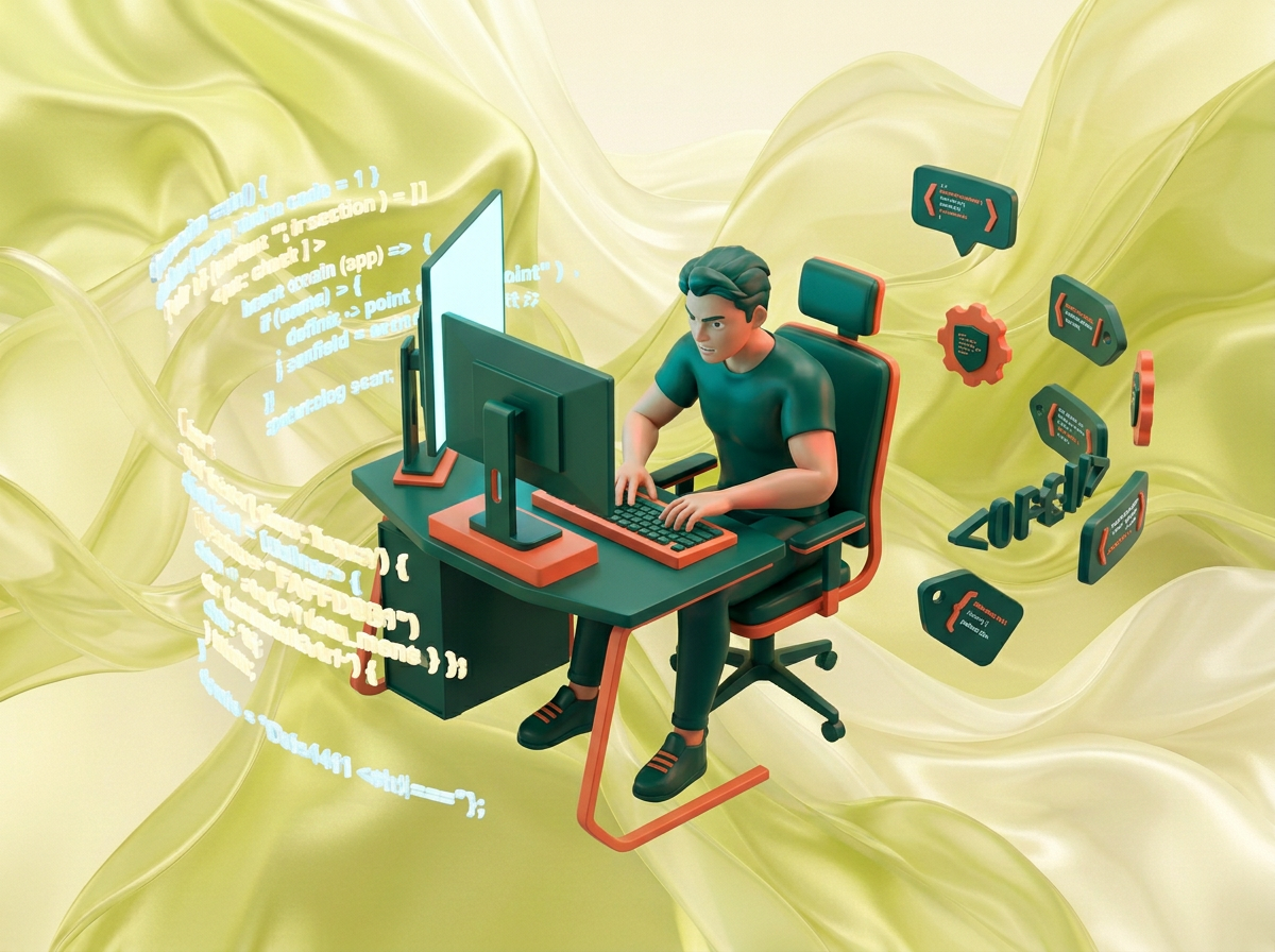 AI Design for на этом фоне создай 3д фигурки на тему Спортивное программирование. Фон менять нельзя. Фигурки должны быть достаточно большими. Используй цвета EE6C4D 01524B D5F4FF FAFFDB
сделай модельки динамичными. Не делай никаких надписей. Все фигурки в стиле 3д рендера
ПО центру должна быть основная моделька. ПО бокам фигурки для придания динамики.
по центру 3д фигурка человека с компьютером, по бокам - строки кода, теги