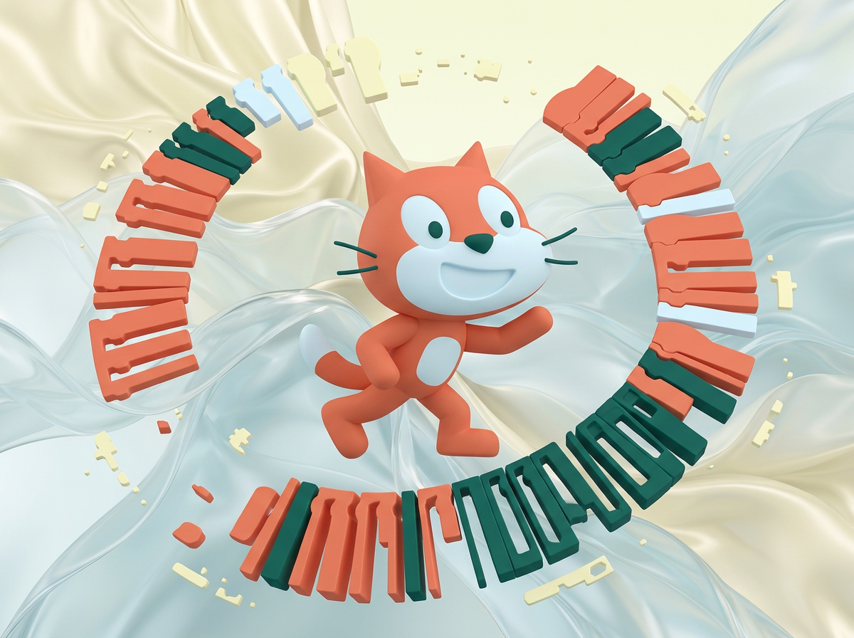 AI Design for на этом фоне создай 3д фигурки на тему блочное программирование в Scratch.  Фигурки должны быть достаточно большими. Используй цвета EE6C4D 01524B D5F4FF FAFFDB

сделай модельки динамичными. Не делай никаких надписей

Основная фигурка должна быть по центру. Вокруг нее элементы для придания динамики.  

По центру расположи 3д фигурку кота из скрэтч, по бокам - блоки кода, как в скрэтче