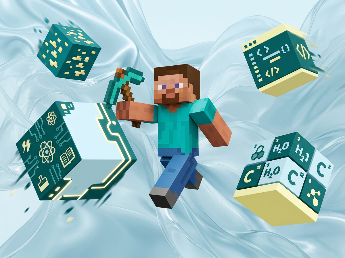 AI Design for на этом фоне создай 3д фигурки на тему Minecraft Education. Фон менять нельзя.  Фигурки должны быть достаточно большими. Используй цвета EE6C4D 01524B D5F4FF FAFFDB

сделай модельки динамичными. Не делай никаких надписей. Все фигурки в стиле 3д рендера

ПО центру должна быть основная моделька. ПО бокам фигурки для придания динамики.

ПО центру поставь стива из майнкрафт в своей обычной одежде с киркой в руке. по бокам - блоки из майна (по одному, а не скопом)