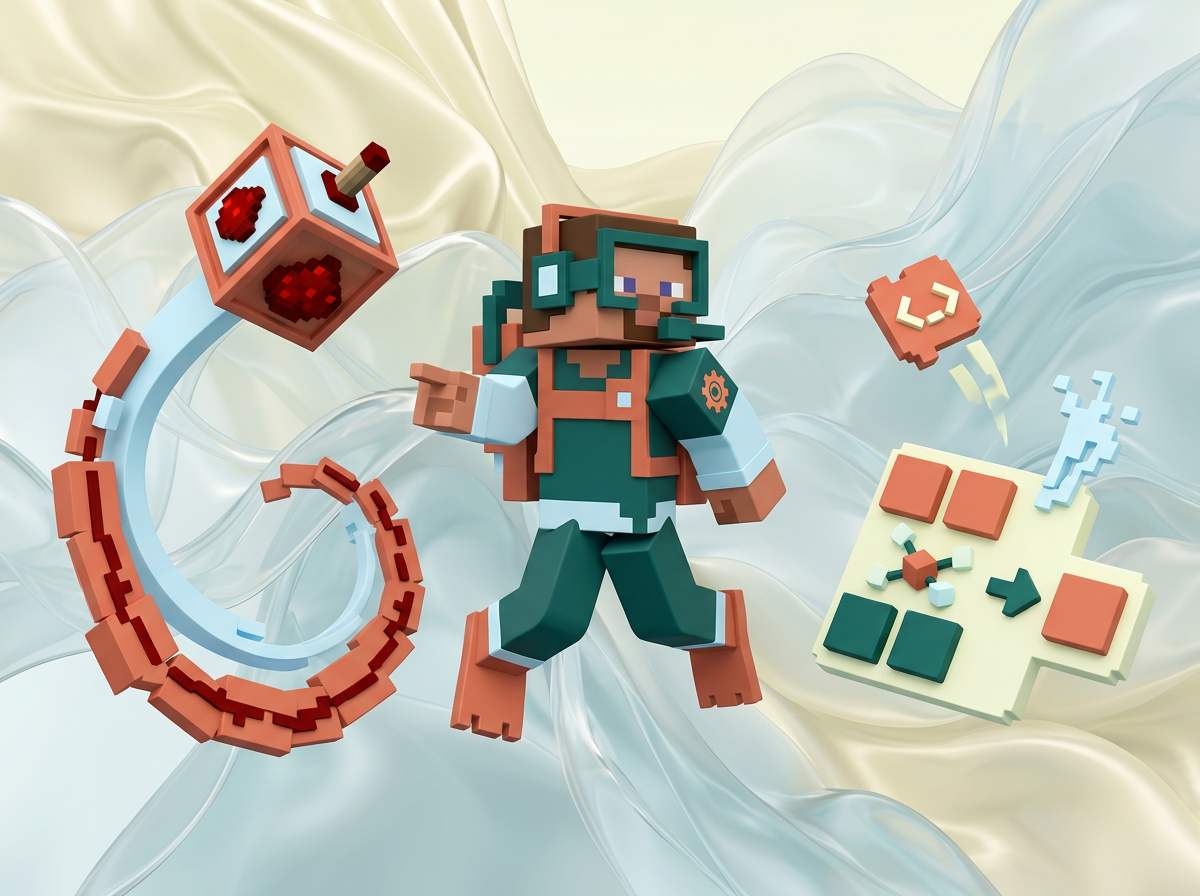 AI Design for на этом фоне создай 3д фигурки на тему Minecraft Education. Фон менять нельзя!!!!  Фигурки должны быть достаточно большими. Используй цвета EE6C4D 01524B D5F4FF FAFFDB

сделай модельки динамичными. Не делай никаких надписей. Все фигурки в стиле 3д рендера

ПО центру должна быть основная моделька. ПО бокам фигурки для придания динамики.
