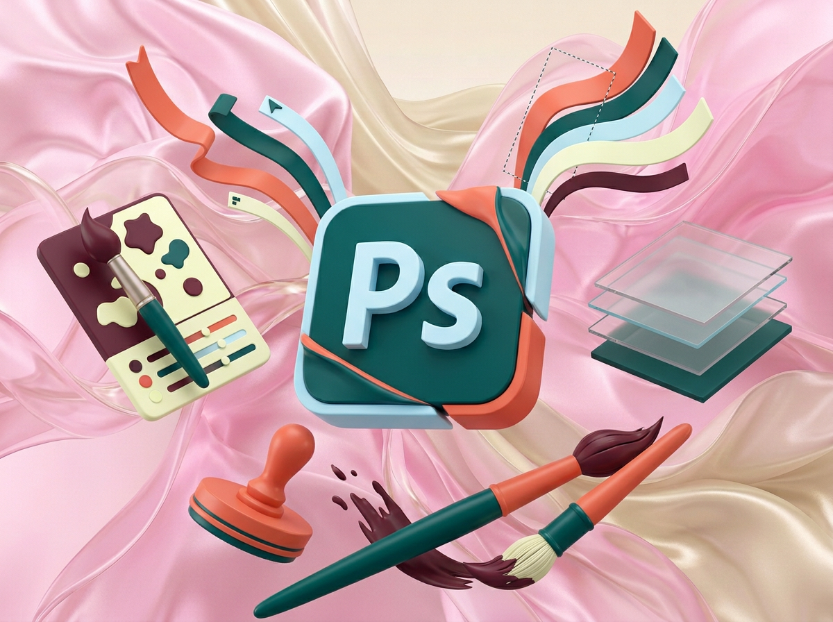 AI Design for на этом фоне создай 3д фигурки на тему Photoshop. Фон менять нельзя.  Фигурки должны быть достаточно большими. Используй цвета EE6C4D 01524B D5F4FF FAFFDB 5D2334

сделай модельки динамичными. Не делай никаких надписей. Все фигурки в стиле 3д рендера

ПО центру должна быть основная моделька. ПО бокам фигурки для придания динамики.

ПО центру поставь логотип Photoshop .