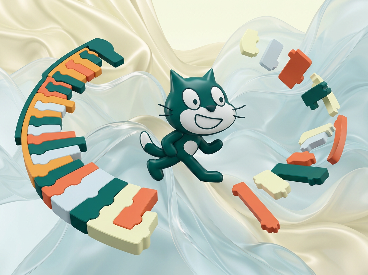 AI Design for на этом фоне создай 3д фигурки на тему блочное программирование в Scratch.  Фигурки должны быть достаточно большими. Используй цвета EE6C4D 01524B D5F4FF FAFFDB

сделай модельки динамичными. Не делай никаких надписей

Основная фигурка должна быть по центру. Вокруг нее элементы для придания динамики.  

По центру расположи 3д фигурку кота из скрэтч, по бокам - блоки кода, как в скрэтче