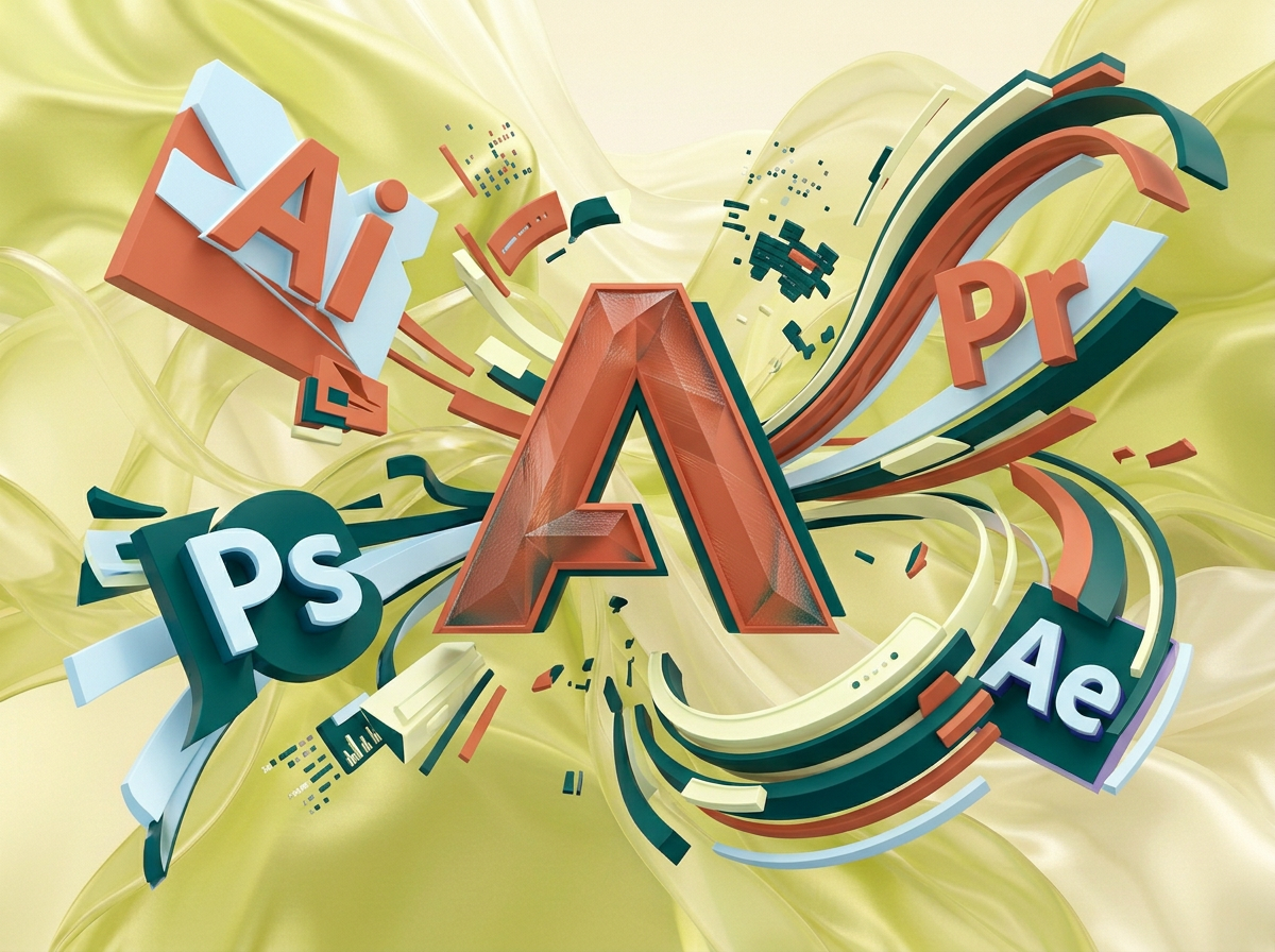 AI Design for на этом фоне создай 3д фигурки на тему Цифровая вселенная Adobe. Фон менять нельзя. Фигурки должны быть достаточно большими. Используй цвета EE6C4D 01524B D5F4FF FAFFDB
сделай модельки динамичными. Не делай никаких надписей. Все фигурки в стиле 3д рендера
ПО центру должна быть основная моделька. ПО бокам фигурки для придания динамики.
по середие логотип адоб, по бокам - значки приложений