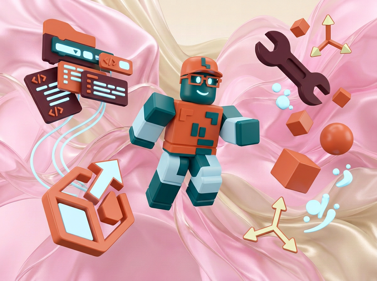 на этом фоне создай 3д фигурки на тему программирование Lua в Roblox. Фон менять нельзя.  Фигурки должны быть достаточно большими. Используй цвета EE6C4D 01524B D5F4FF FAFFDB 5D2334

сделай модельки динамичными. Не делай никаких надписей. Все фигурки в стиле 3д рендера

ПО центру должна быть основная моделька. ПО бокам фигурки для придания динамики.

по центру поставь человечка из роблокс