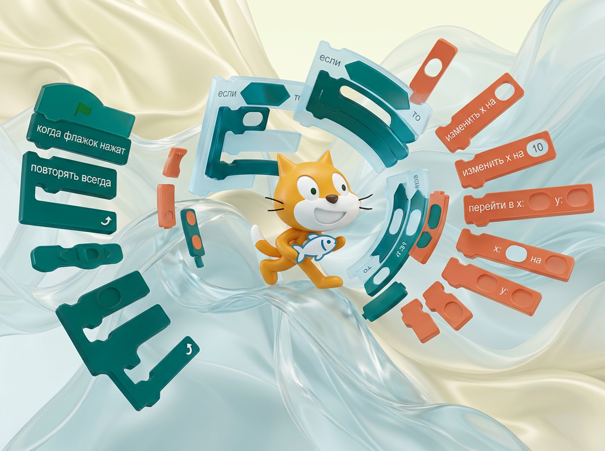 на этом фоне создай 3д фигурки на тему Блок-Сити: игры на Scratch. Фон менять нельзя.  Фигурки должны быть достаточно большими. Используй цвета EE6C4D 01524B D5F4FF 

сделай модельки динамичными. Не делай никаких надписей. Все фигурки в стиле 3д рендера

ПО центру должна быть основная моделька. ПО бокам фигурки для придания динамики.

По центру поставь кота из скретч (оригинального, в оригинальных цветах) в 3д. По бокам - элементы блочного кода их скрэтч