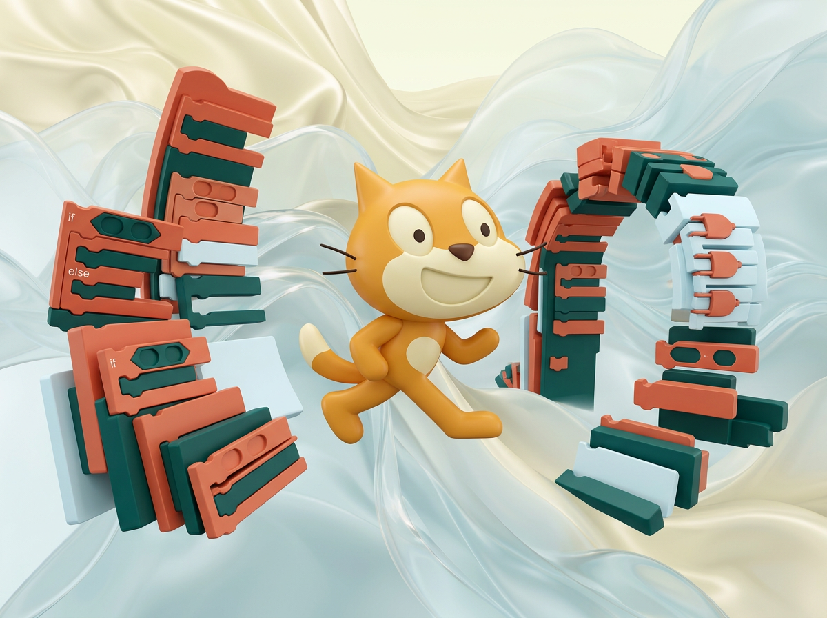 на этом фоне создай 3д фигурки на тему Блок-Сити: игры на Scratch. Фон менять нельзя. Фигурки должны быть достаточно большими. Используй цвета EE6C4D 01524B D5F4FF
сделай модельки динамичными. Не делай никаких надписей. Все фигурки в стиле 3д рендера
ПО центру должна быть основная моделька. ПО бокам фигурки для придания динамики.
По центру поставь кота из скретч (оригинального, в оригинальных цветах) в 3д. По бокам - элементы блочного кода их скрэтч
