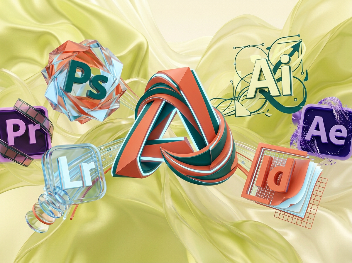 AI Design for на этом фоне создай 3д фигурки на тему Цифровая вселенная Adobe. Фон менять нельзя. Фигурки должны быть достаточно большими. Используй цвета EE6C4D 01524B D5F4FF FAFFDB
сделай модельки динамичными. Не делай никаких надписей. Все фигурки в стиле 3д рендера
ПО центру должна быть основная моделька. ПО бокам фигурки для придания динамики.
по середие логотип адоб, по бокам - значки приложений