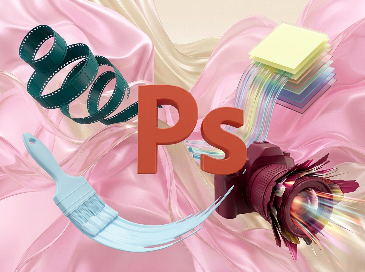 на этом фоне создай 3д фигурки на тему Photoshop. Фон менять нельзя.  Фигурки должны быть достаточно большими. Используй цвета EE6C4D 01524B D5F4FF FAFFDB 5D2334

сделай модельки динамичными. Не делай никаких надписей. Все фигурки в стиле 3д рендера

ПО центру должна быть основная моделька. ПО бокам фигурки для придания динамики.

ПО центру поставь логотип Photoshop .