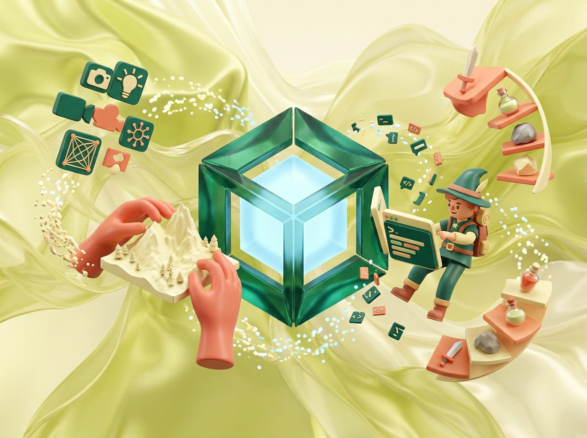 AI Design for на этом фоне создай 3д фигурки на тему Unity: Создание миров. Фон менять нельзя. Фигурки должны быть достаточно большими. Используй цвета EE6C4D 01524B D5F4FF FAFFDB
сделай модельки динамичными. Не делай никаких надписей. Все фигурки в стиле 3д рендера
ПО центру должна быть основная моделька. ПО бокам фигурки для придания динамики.
по середие логотип Unity, по бокам иконки связанные с созданием игр