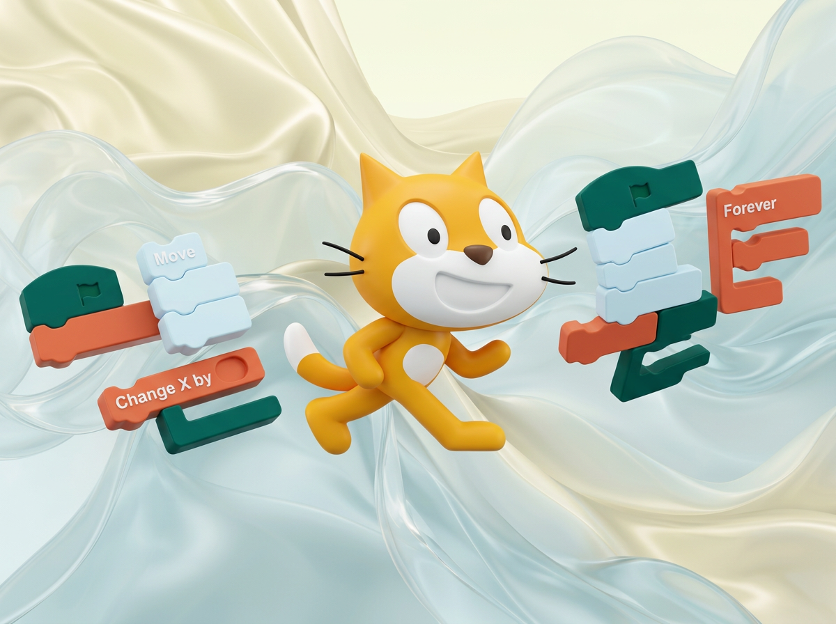 на этом фоне создай 3д фигурки на тему Блок-Сити: игры на Scratch. Фон менять нельзя. Фигурки должны быть достаточно большими. Используй цвета EE6C4D 01524B D5F4FF
сделай модельки динамичными. Не делай никаких надписей. Все фигурки в стиле 3д рендера
ПО центру должна быть основная моделька. ПО бокам фигурки для придания динамики.
По центру поставь кота из скретч (оригинального, в оригинальных цветах) в 3д. По бокам - элементы блочного кода их скрэтч