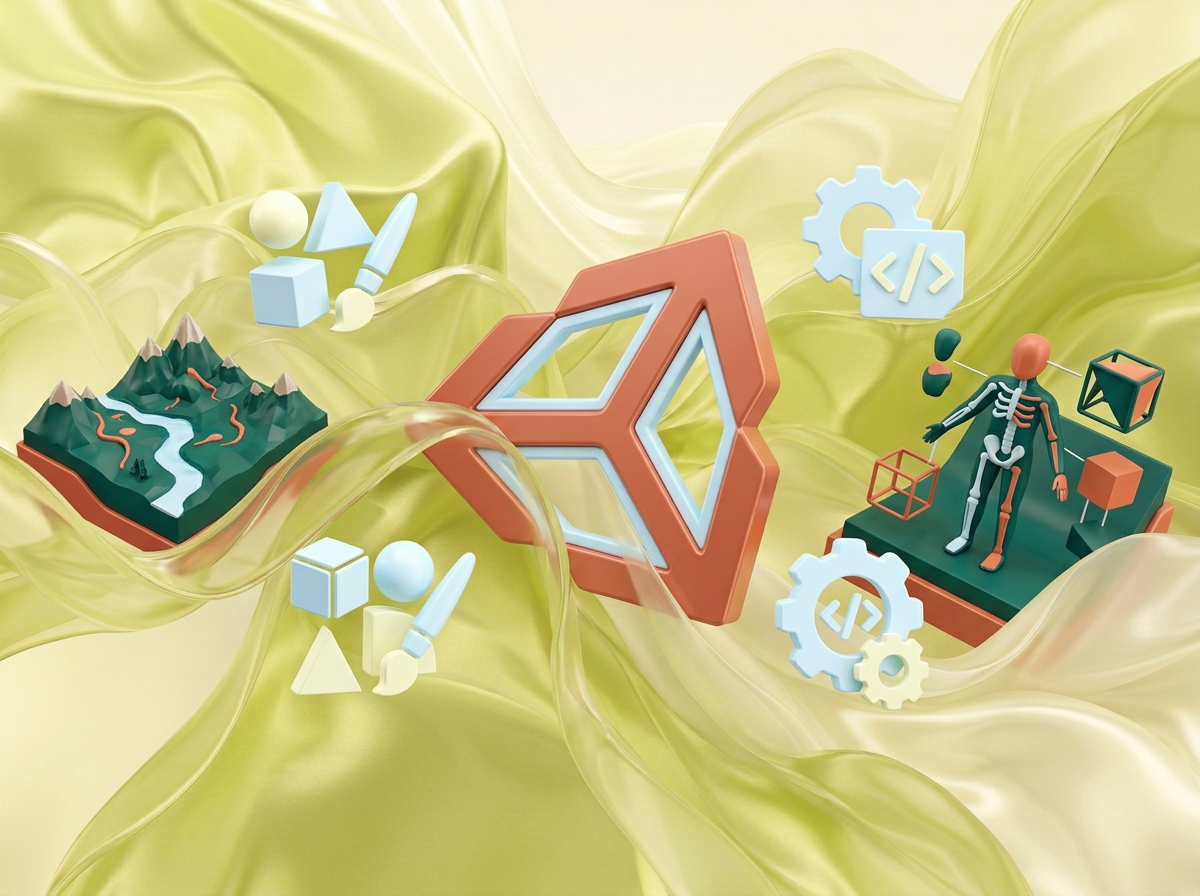 AI Design for на этом фоне создай 3д фигурки на тему Unity: Создание миров. Фон менять нельзя. Фигурки должны быть достаточно большими. Используй цвета EE6C4D 01524B D5F4FF FAFFDB
сделай модельки динамичными. Не делай никаких надписей. Все фигурки в стиле 3д рендера
ПО центру должна быть основная моделька. ПО бокам фигурки для придания динамики.
по середие логотип Unity, по бокам иконки связанные с созданием игр