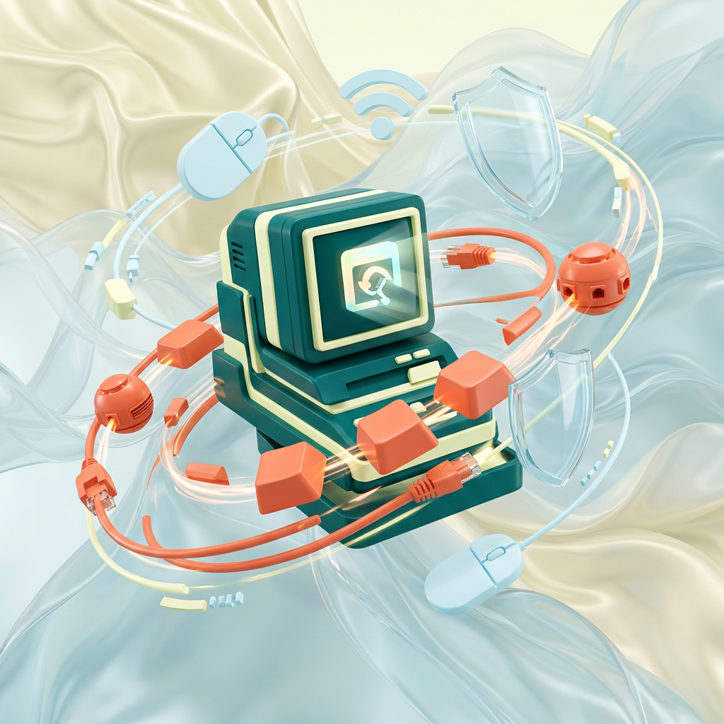 AI Design for на этом фоне создай 3д фигурки на тему Компьютерная грамотность.  Фигурки должны быть достаточно большими. Используй цвета EE6C4D 01524B D5F4FF FAFFDB

сделай модельки динамичными. Не делай никаких надписей

Основная фигурка должна быть по центру. Вокруг нее элементы для придания динамики.