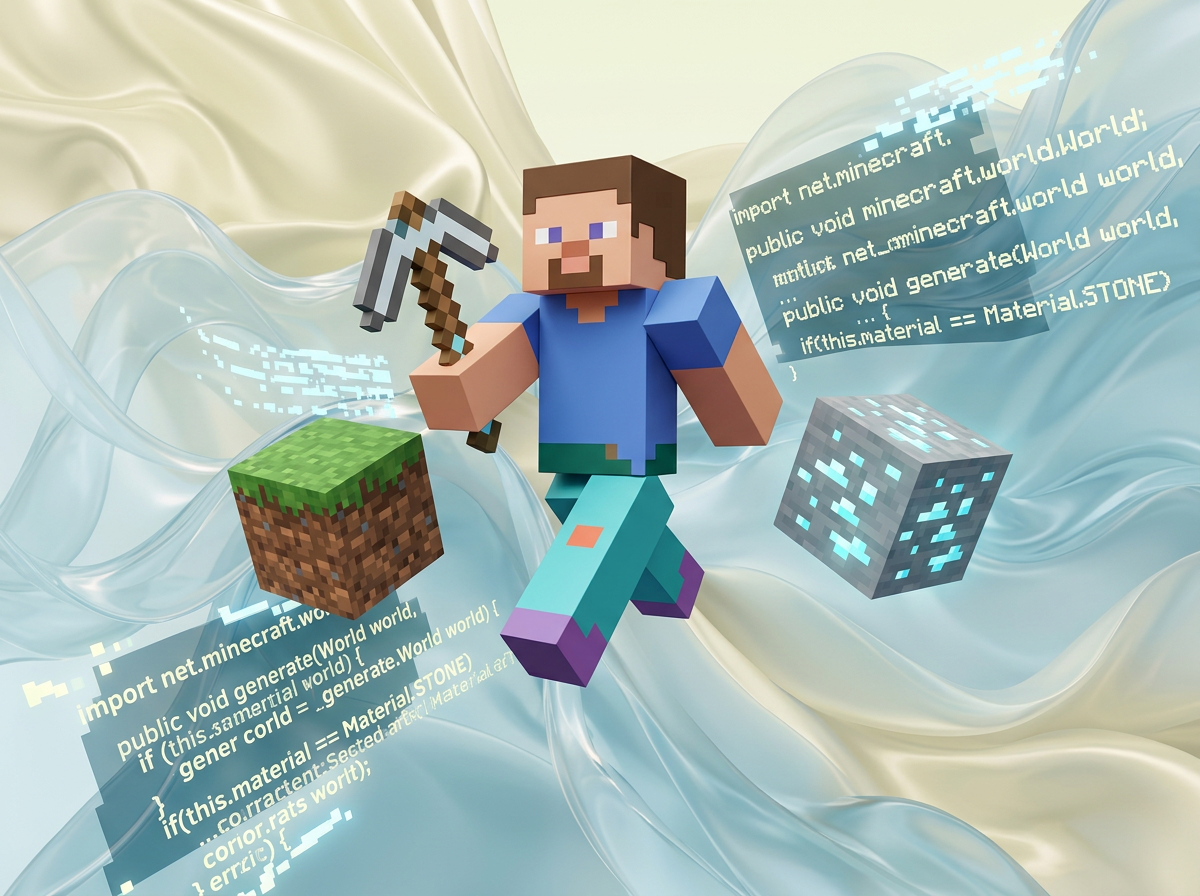 AI Design for на этом фоне создай 3д фигурки на тему Minecraft Education. Фон менять нельзя.  Фигурки должны быть достаточно большими. Используй цвета EE6C4D 01524B D5F4FF FAFFDB

сделай модельки динамичными. Не делай никаких надписей. Все фигурки в стиле 3д рендера

ПО центру должна быть основная моделька. ПО бокам фигурки для придания динамики.

ПО центру поставь стива из майнкрафт в своей обычной одежде с киркой в руке. по бокам - блоки из майна (по одному, а не скопом) и строки кода