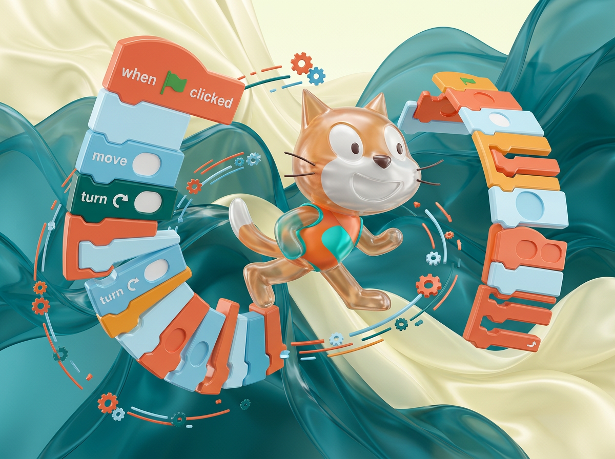 AI Design for на этом фоне создай 3д фигурки на тему блочное программирование в Scratch.  Фигурки должны быть достаточно большими. Используй цвета EE6C4D 01524B D5F4FF FAFFDB

сделай модельки динамичными. Не делай никаких надписей

Основная фигурка должна быть по центру. Вокруг нее элементы для придания динамики.  

По центру расположи 3д фигурку кота из скрэтч, по бокам - блоки кода, как в скрэтче