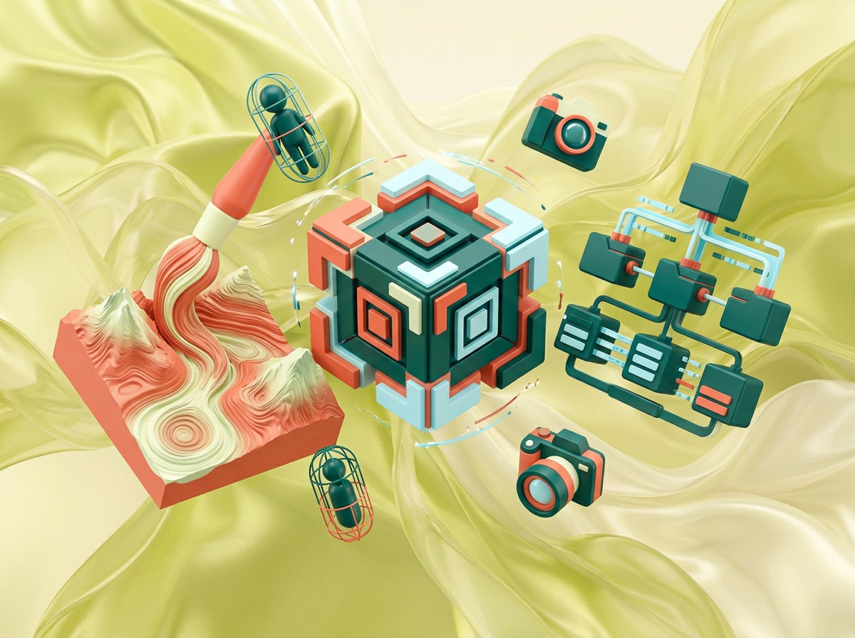 AI Design for на этом фоне создай 3д фигурки на тему Unity: Создание миров. Фон менять нельзя. Фигурки должны быть достаточно большими. Используй цвета EE6C4D 01524B D5F4FF FAFFDB
сделай модельки динамичными. Не делай никаких надписей. Все фигурки в стиле 3д рендера
ПО центру должна быть основная моделька. ПО бокам фигурки для придания динамики.
по середие логотип Unity, по бокам иконки связанные с созданием игр