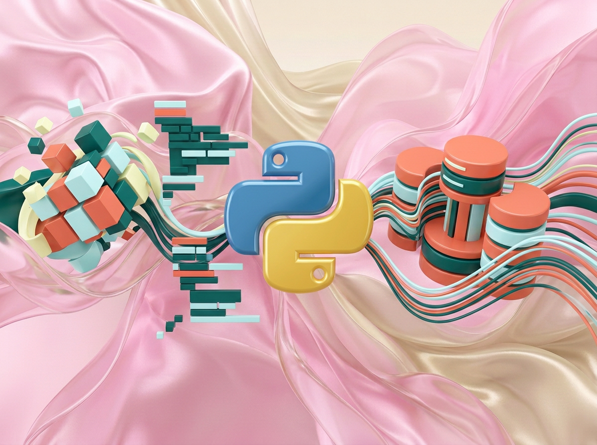 на этом фоне создай 3д фигурки на тему Backend-мастер: Python. Фон менять нельзя.  Фигурки должны быть достаточно большими. Используй цвета EE6C4D 01524B D5F4FF FAFFDB

сделай модельки динамичными. Не делай никаких надписей. Все фигурки в стиле 3д рендера

ПО центру должна быть основная моделька. ПО бокам фигурки для придания динамики.

по центру логотип питона В ОРИГИНАЛЬНЫХ ЦВЕТАХ. по бокам - строки кода, бд