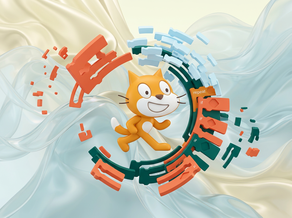 на этом фоне создай 3д фигурки на тему Блок-Сити: игры на Scratch. Фон менять нельзя. Фигурки должны быть достаточно большими. Используй цвета EE6C4D 01524B D5F4FF
сделай модельки динамичными. Не делай никаких надписей. Все фигурки в стиле 3д рендера
ПО центру должна быть основная моделька. ПО бокам фигурки для придания динамики.
По центру поставь кота из скретч (оригинального, в оригинальных цветах) в 3д. По бокам - элементы блочного кода их скрэтч
