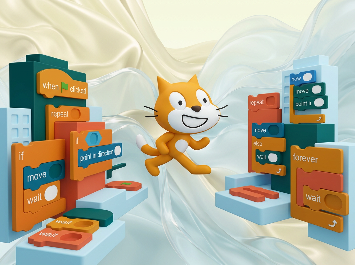 на этом фоне создай 3д фигурки на тему Блок-Сити: игры на Scratch. Фон менять нельзя. Фигурки должны быть достаточно большими. Используй цвета EE6C4D 01524B D5F4FF
сделай модельки динамичными. Не делай никаких надписей. Все фигурки в стиле 3д рендера
ПО центру должна быть основная моделька. ПО бокам фигурки для придания динамики.
По центру поставь кота из скретч (оригинального, в оригинальных цветах) в 3д. По бокам - элементы блочного кода их скрэтч