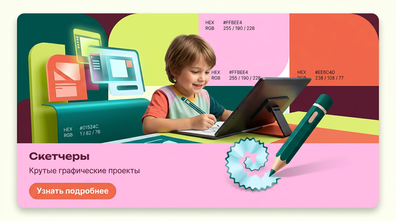 AI Design for на фото 1 фирменные цвета. на фото 2 - карточка, для которой нужно сделать картинку.
Что должна отражать картинка: направление обучения под названием "Скетчеры". Главный акцент на ребенка, фотореалим. Обучение дизайну для детей 6-10 лет
Картинка должна быть с ребенком в центре (фото или генерация фотореализм), фон и элементы вокруг - любые. Цвета фирменнные. Элементы должны быть связаны с названием и передавать суть направления
