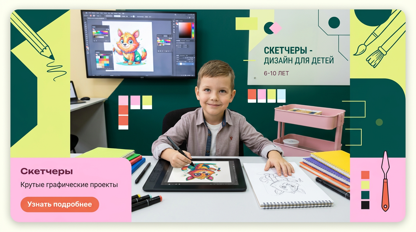 AI Design for на фото 1 фирменные цвета. на фото 2 - карточка, для которой нужно сделать картинку.
Что должна отражать картинка: направление обучения под названием "Скетчеры". Главный акцент на ребенка, фотореалим. Обучение дизайну для детей 6-10 лет
Картинка должна быть с ребенком в центре (фото или генерация фотореализм), фон и элементы вокруг - любые. Цвета фирменнные. Элементы должны быть связаны с названием и передавать суть направления