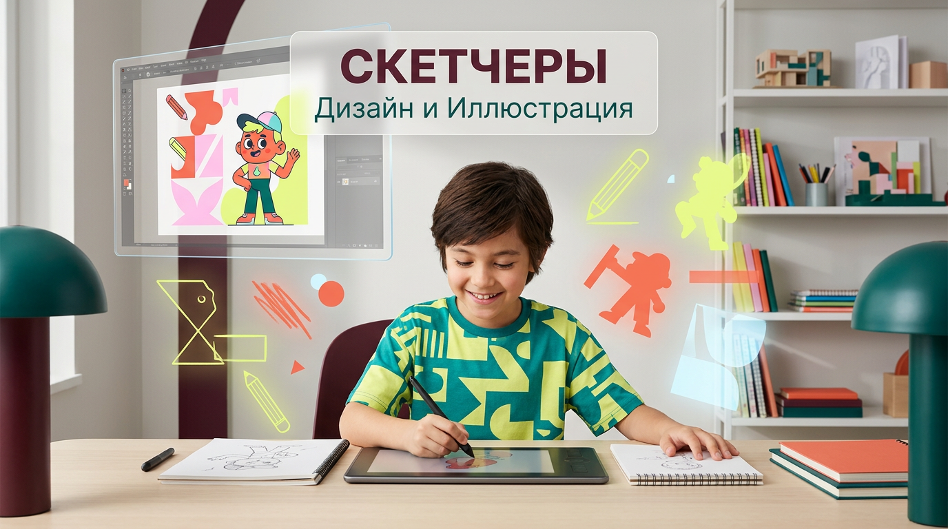 AI Design for на фото 1 фирменные цвета. на фото 2 - карточка, для которой нужно сделать картинку.
Что должна отражать картинка: направление обучения под названием "Скетчеры". Главный акцент на ребенка, фотореалим. Обучение дизайну для детей 6-10 лет
Картинка должна быть с ребенком в центре (фото или генерация фотореализм), фон и элементы вокруг - любые. Цвета фирменнные. Элементы должны быть связаны с названием и передавать суть направления