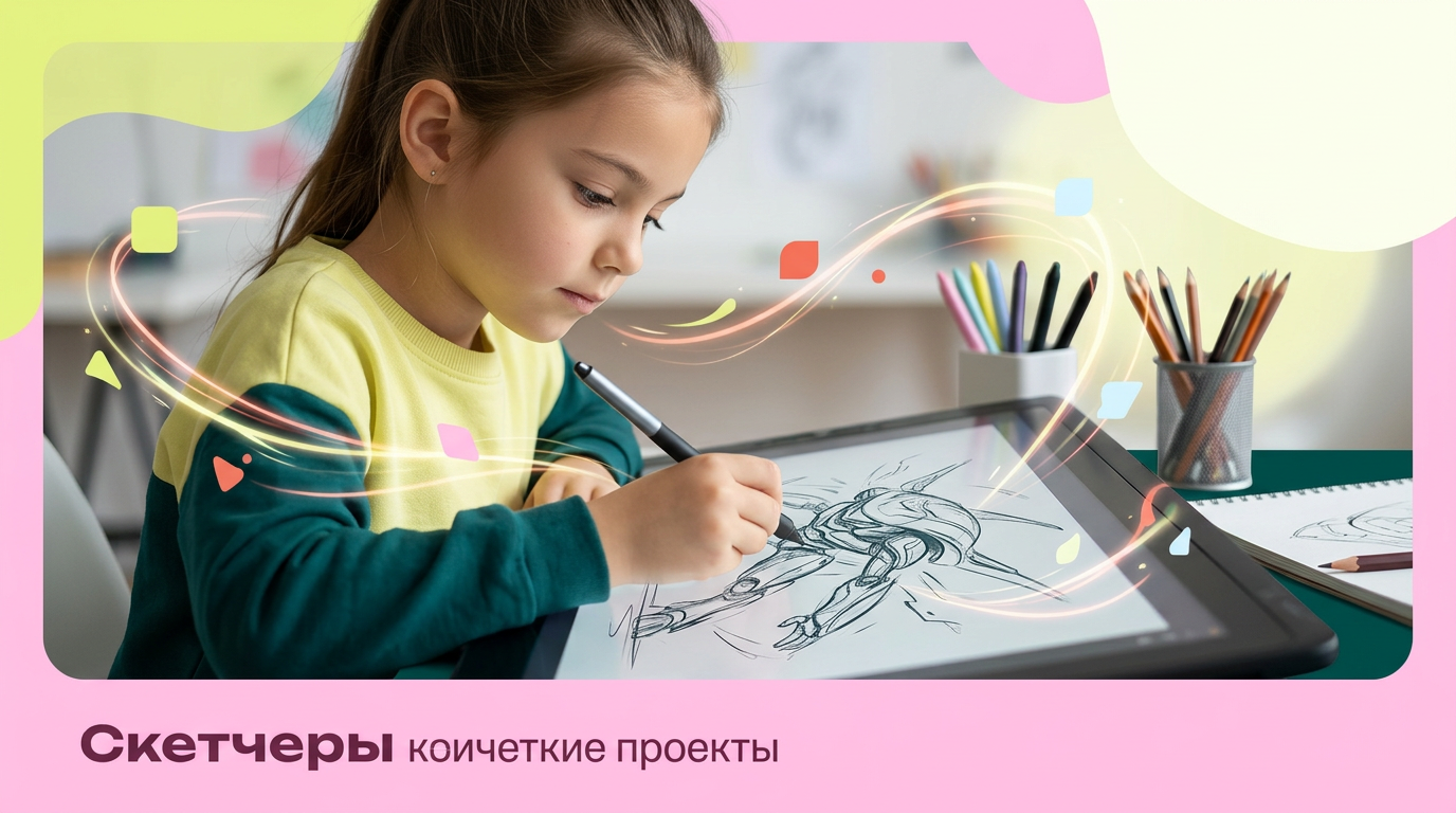 AI Design for на фото 1 фирменные цвета. на фото 2 - карточка, для которой нужно сделать картинку.
Что должна отражать картинка: направление обучения под названием "Скетчеры". Главный акцент на ребенка, фотореалим. Обучение дизайну для детей 6-10 лет
Картинка должна быть с девочкой в центре (фото или генерация фотореализм), фон и элементы вокруг - любые. Цвета фирменнные. Элементы должны быть связаны с названием и передавать суть направления
Никаких подписей не добавляй. Просто картинку.