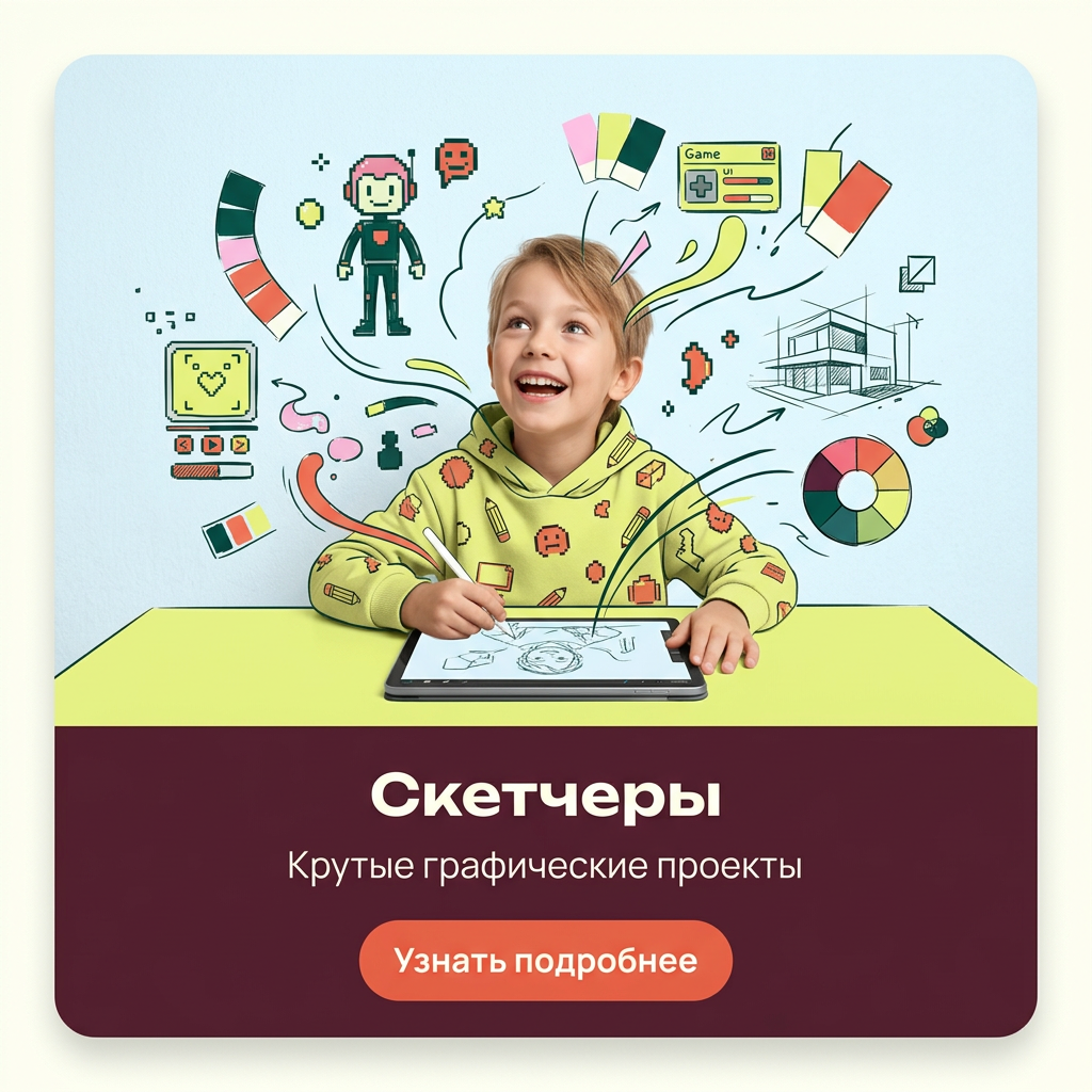 AI Design for на фото 1 фирменные цвета. на фото 2 - карточка, для которой нужно сделать картинку.
Что должна отражать картинка: направление обучения под названием "Скетчеры". Главный акцент на ребенка, фотореалим. Обучение дизайну для детей 6-10 лет
Картинка должна быть с ребенком в центре (фото или генерация фотореализм), фон и элементы вокруг - любые. Цвета фирменнные. Элементы должны быть связаны с названием и передавать суть направления