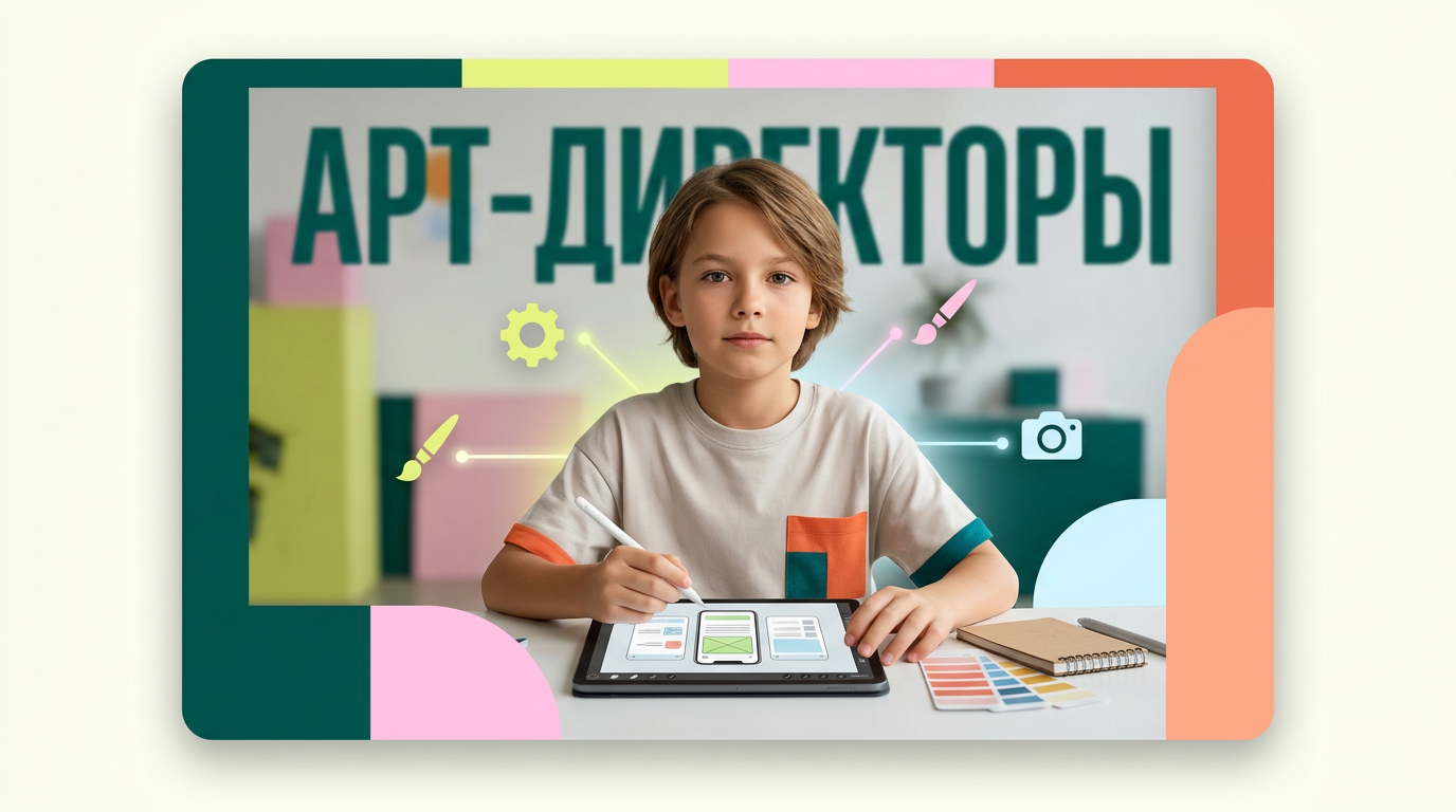 AI Design for на фото 1 фирменные цвета. на фото 2 - карточка, для которой нужно сделать картинку.
Что должна отражать картинка: направление обучения под названием "Арт-директоры". Главный акцент на ребенка, фотореалим. Обучение дизайну для детей 10-12 лет
Картинка должна быть с ребенком в центре (фото или генерация фотореализм), фон и элементы вокруг - любые. Цвета фирменнные. Элементы должны быть связаны с названием и передавать суть направления
Никаких подписей не добавляй. Просто картинку.