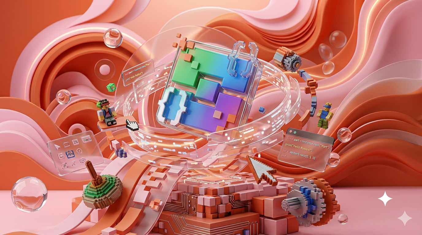AI Design for Сгенерируй заставку для курса "Roblox Studio. Основы разработки на Lua".
Заставка 3д, без названия, с 3д графическими элементами. по теме курса.
Заставка должна быть динамичной с 3д логотипом курса
Картинку используй как референс но нарисуй ПОЛНОСТЬЮ новую заставку. Сделай ее в цветах с референса (именно фон)
Измени ПОЛНОСТЬЮ визуал, а не просто логотип