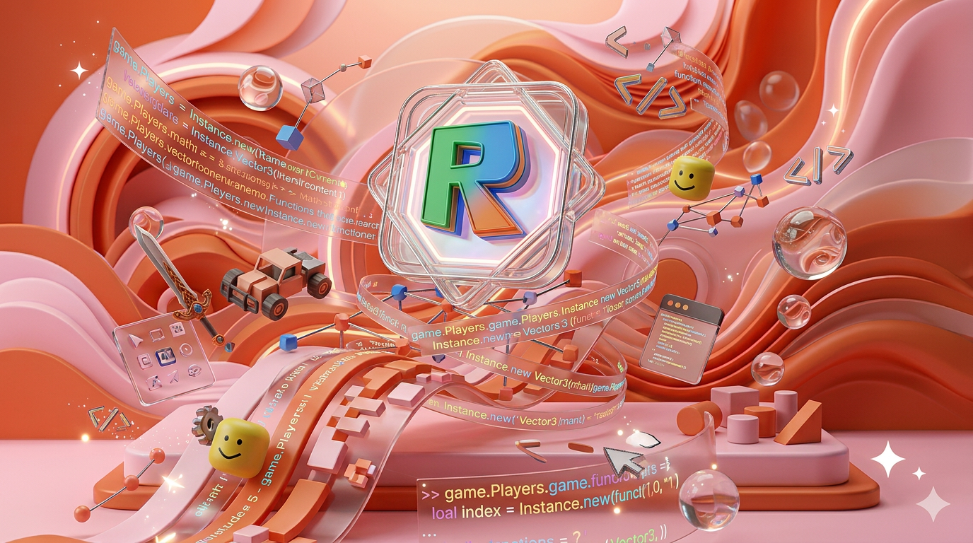 AI Design for Сгенерируй заставку для курса " Roblox Studio программирование".
Заставка 3д, без названия, с 3д графическими элементами. по теме курса.
Заставка должна быть динамичной с 3д логотипом курса
Картинку используй как референс но нарисуй ПОЛНОСТЬЮ новую заставку. Сделай ее в цветах с референса (именно фон)
Измени ПОЛНОСТЬЮ визуал, а не просто логотип