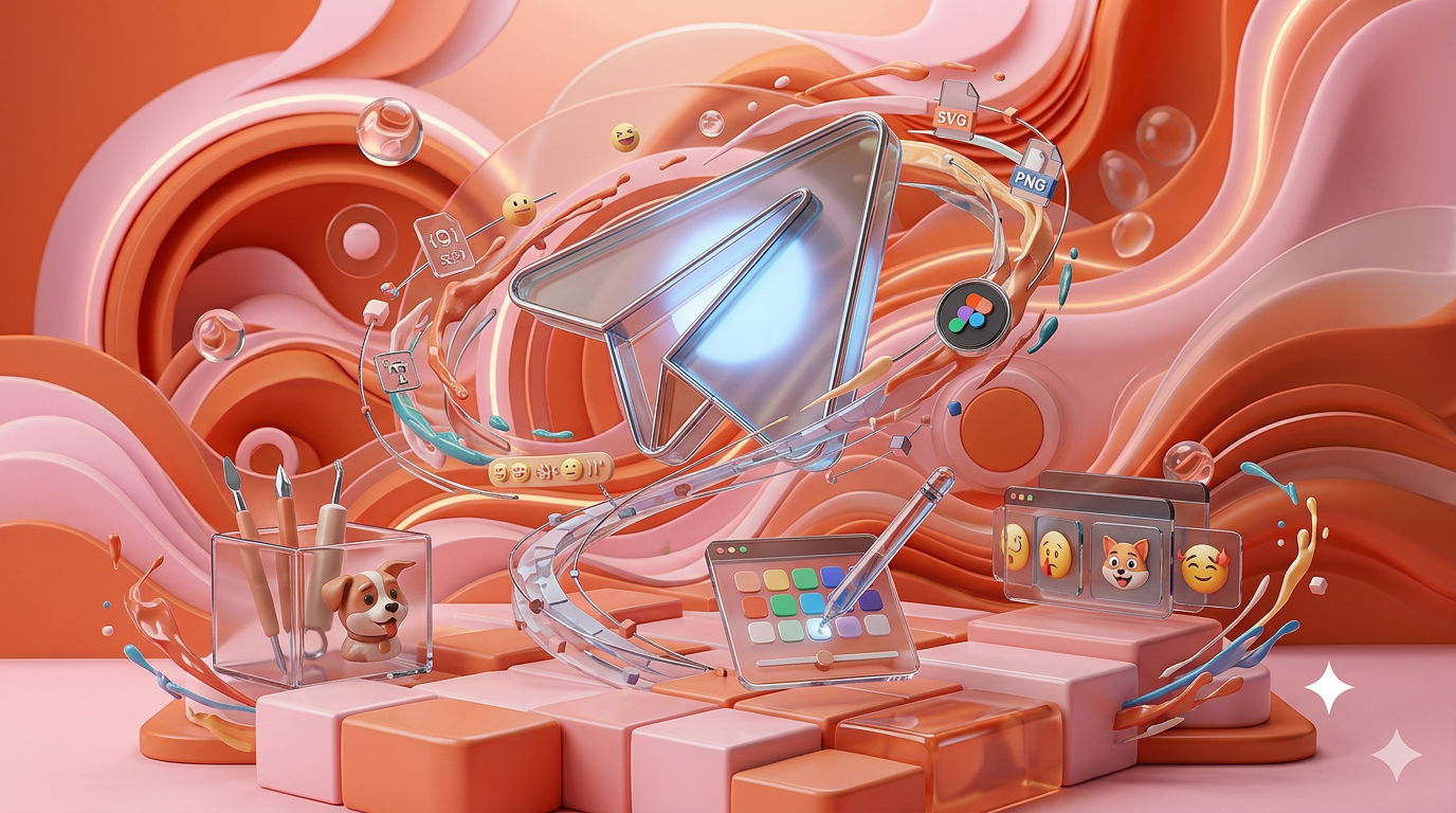 AI Design for Сгенерируй заставку для курса " Дизайн стикеров для Telegram".
Заставка 3д, без названия, с 3д графическими элементами. по теме курса.
Заставка должна быть динамичной с 3д логотипом курса (оригинальный логотип тг)
Картинку используй как референс но нарисуй ПОЛНОСТЬЮ новую заставку. Сделай ее в цветах с референса (именно фон)
Измени ПОЛНОСТЬЮ визуал, а не просто логотип