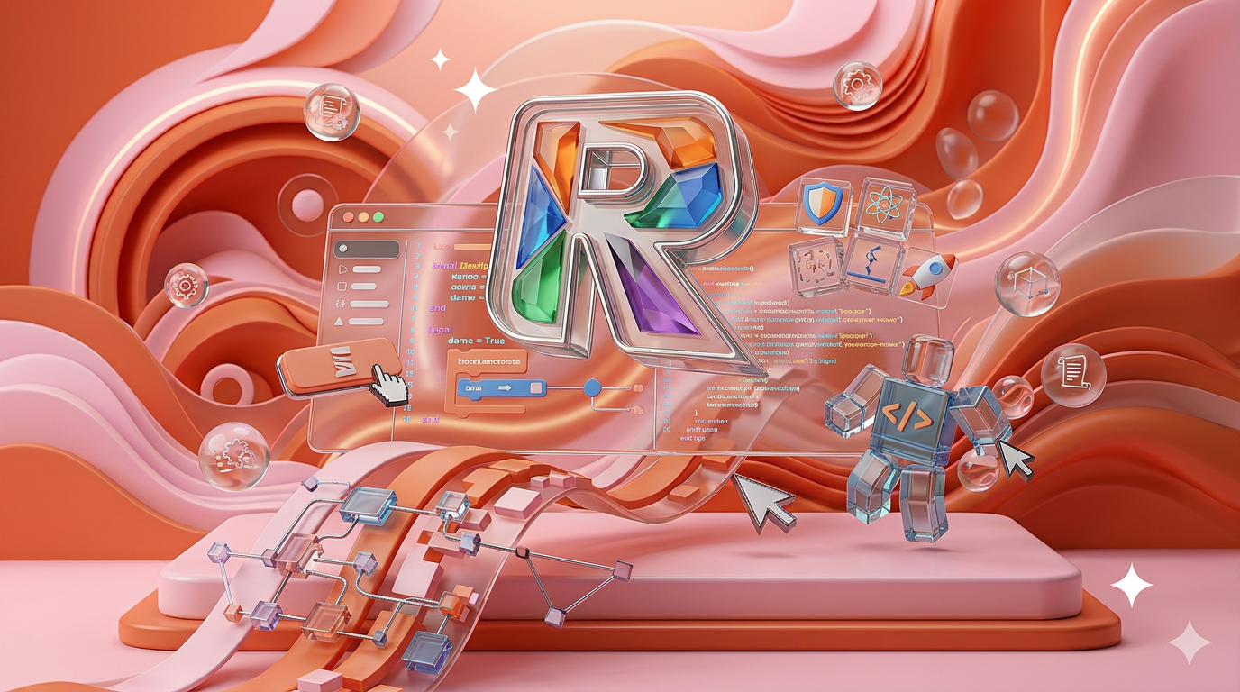 AI Design for Сгенерируй заставку для курса " Roblox Studio программирование".
Заставка 3д, без названия, с 3д графическими элементами. по теме курса.
Заставка должна быть динамичной с 3д логотипом курса
Картинку используй как референс но нарисуй ПОЛНОСТЬЮ новую заставку. Сделай ее в цветах с референса (именно фон)
Измени ПОЛНОСТЬЮ визуал, а не просто логотип