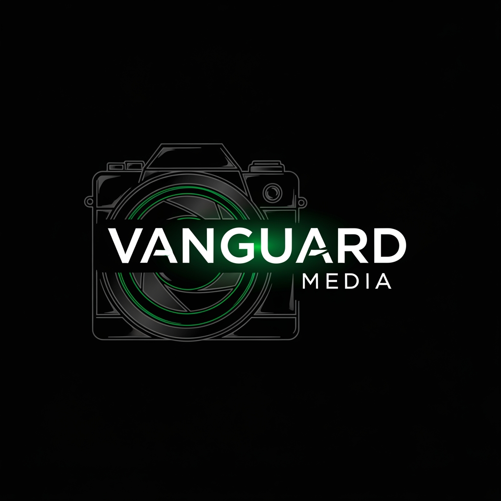 AI Design for a logo for vanguard media with matte black and emerald green a highly professional one with a lens or a camera sketch as a frame with maximum creativeness