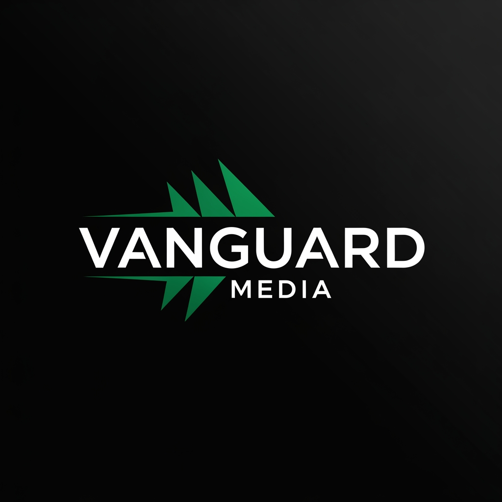 AI Design for a logo for vanguard media with matte black and emerald green a highly professional one