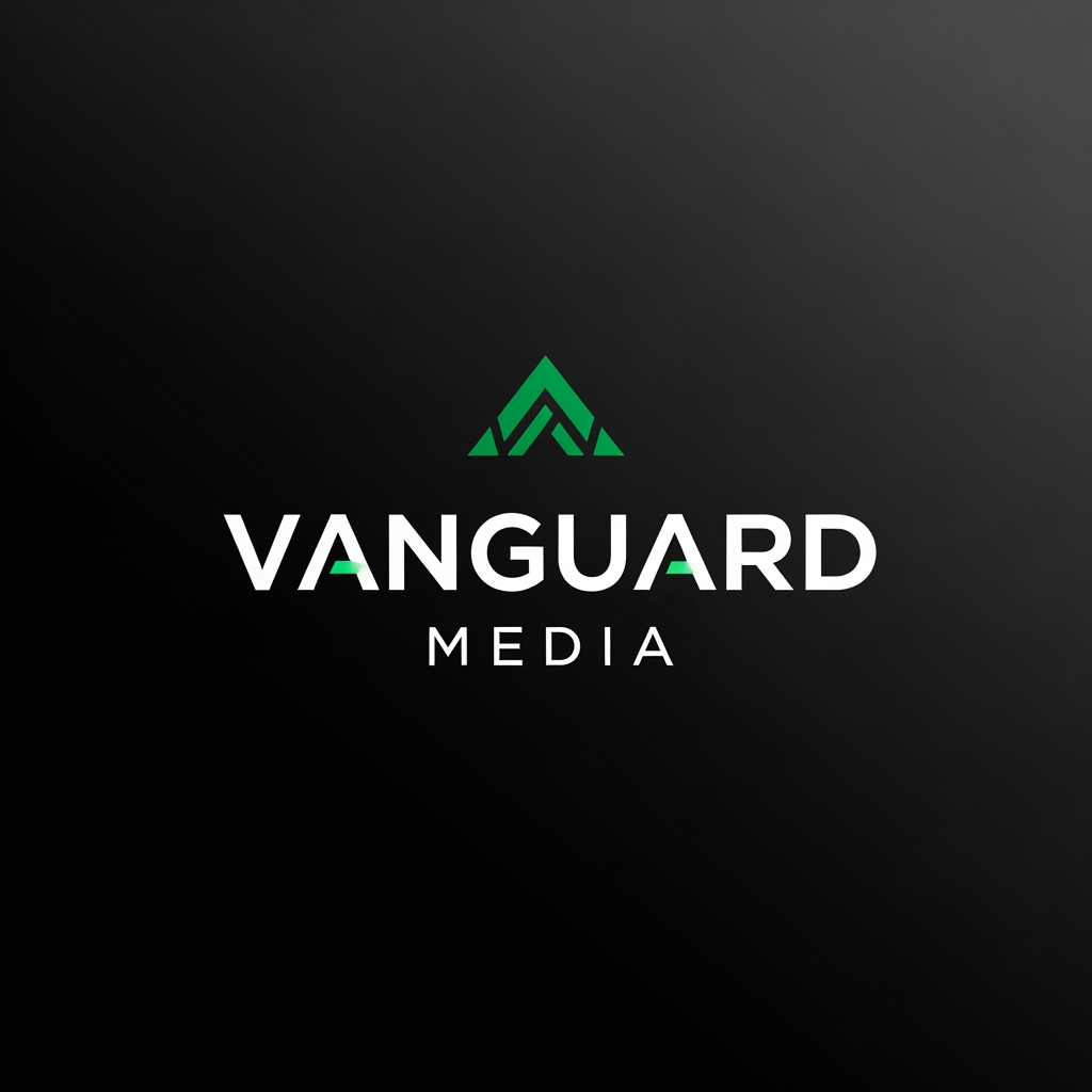 AI Design for a logo for vanguard media with matte black and emerald green a highly professional one