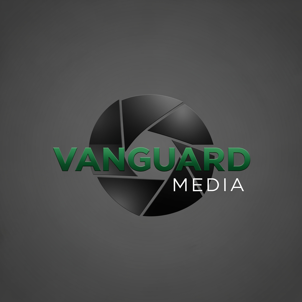 AI Design for simple vanguard media logo with matte black and. emerald green and a shutter blade