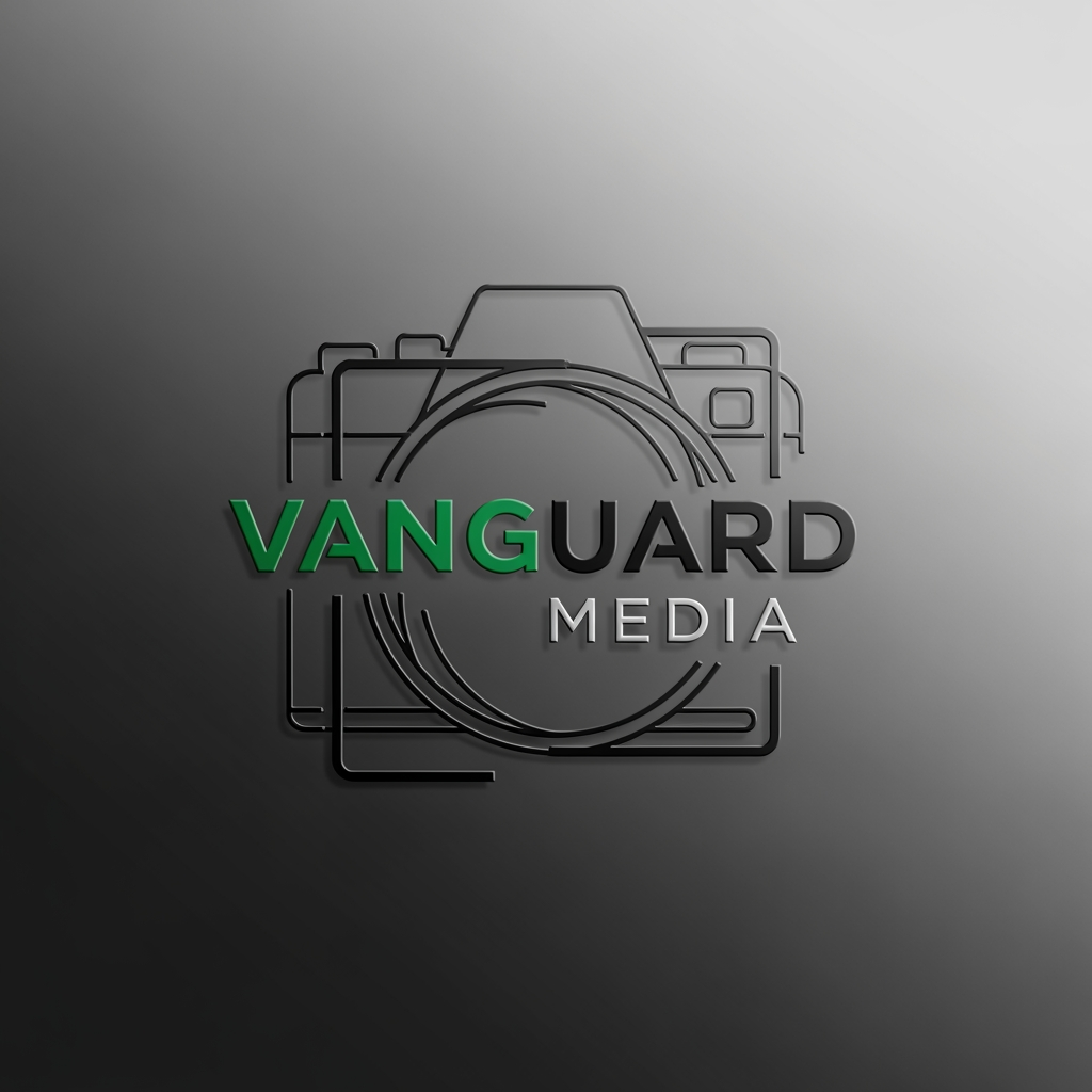 AI Design for a logo for vanguard media with matte black and emerald green a highly professional one with a lens or a camera sketch as a frame with maximum cretiveness
