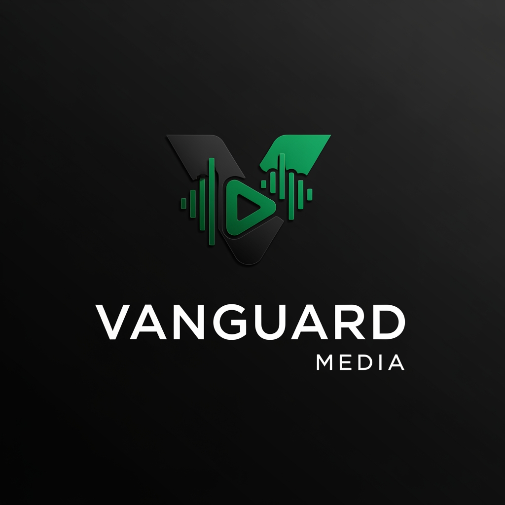 AI Design for a logo for vanguard media with matte black and emerald green a highly professional one